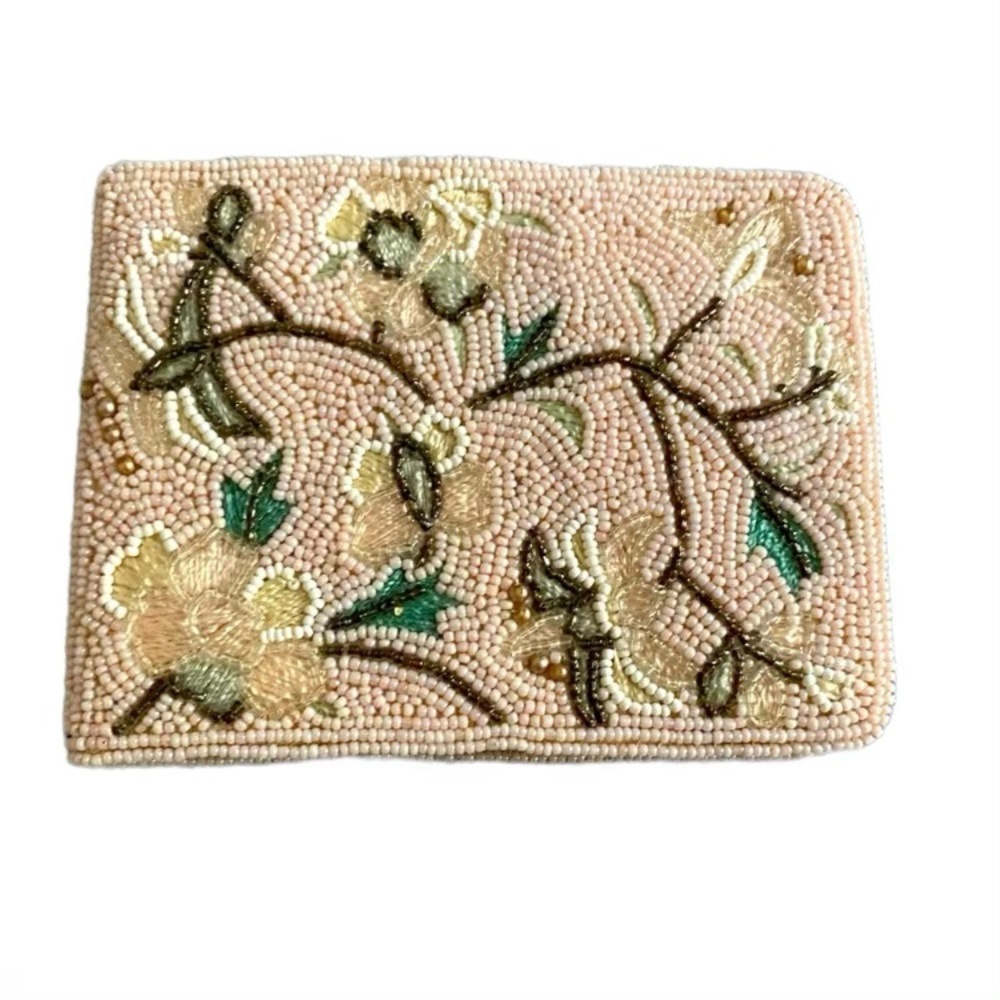 Antique beaded and embroidered pale pink wallet with a satin lining